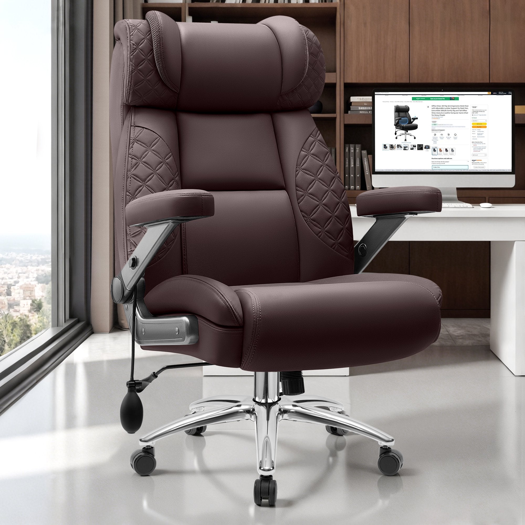 FASTES Office Chair, Desk Chair Big and Tall Gaming Chair, 500 lbs Computer Chair Ergonomic Extra Wide Office Chair with Adjustable Lumbar Support 5D Flip Arms, Coffee