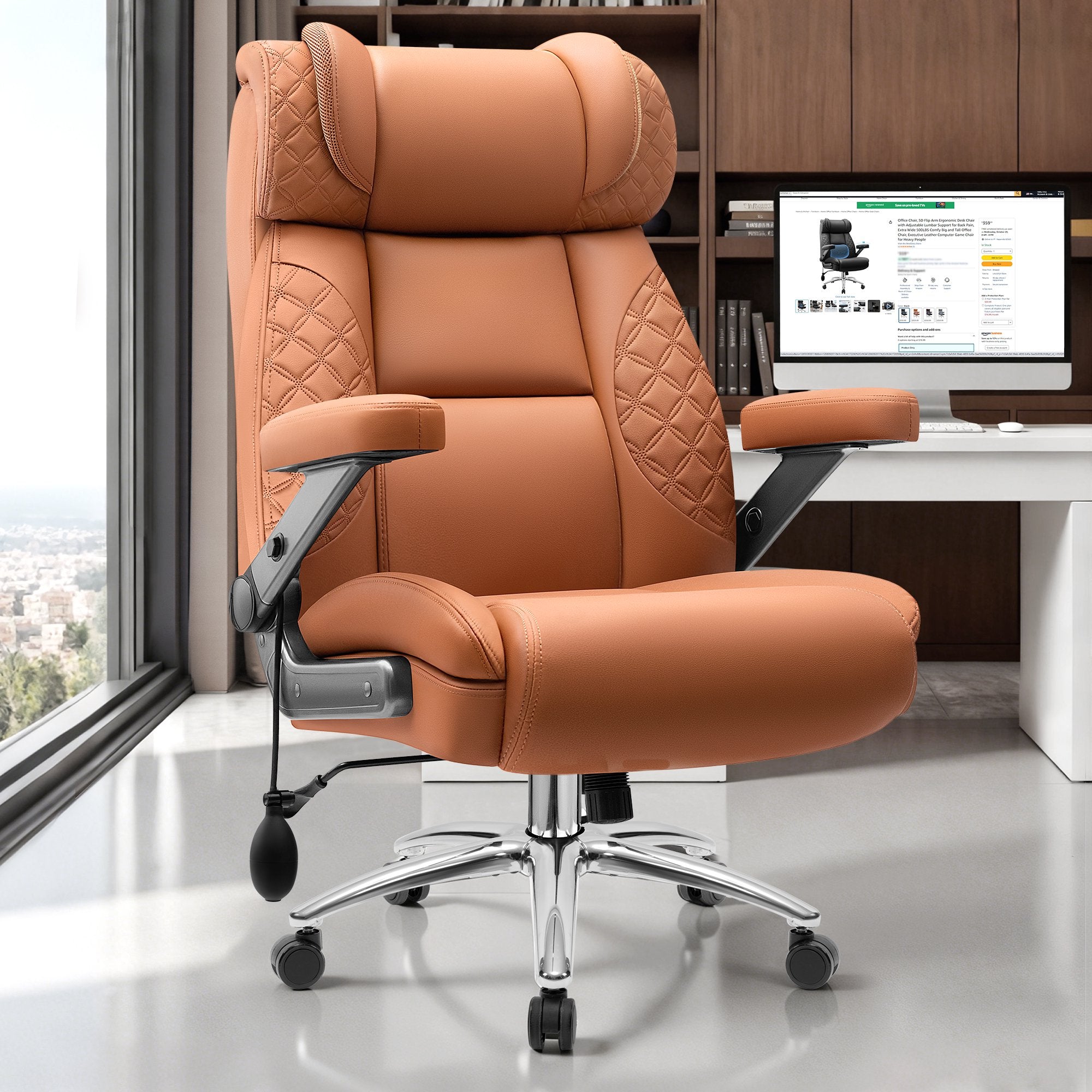 FASTES Office Chair, Desk Chair Big and Tall Gaming Chair, 500 lbs Computer Chair Ergonomic Extra Wide Office Chair with Adjustable Lumbar Support 5D Flip Arms, Brown