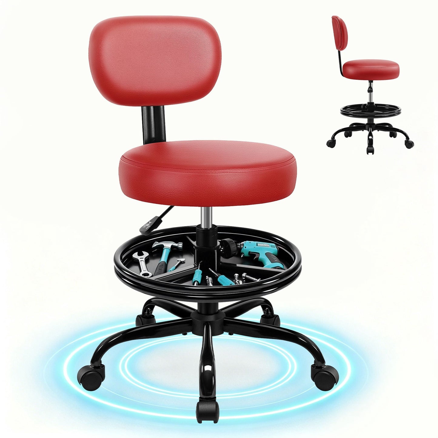 Fastes Rolling Shop Stool with Wheels, Garage Mechanic Rolling Stool Chair with Backrest, Heavy Duty Swivel Task Chair Adjustable Footrest with Storage Tray for Workshop Salon, Black