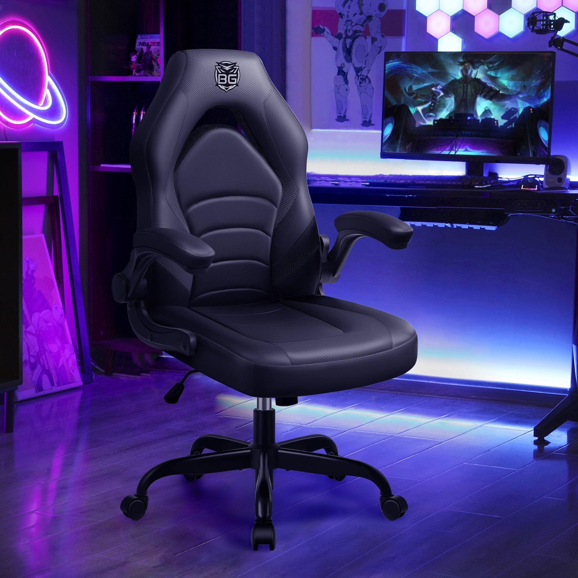 FASTES Gaming Chair, Ergonomic Office Desk Chair with Flip-up Arms Lumbar Support Leather High-Back Computer Chair, Black