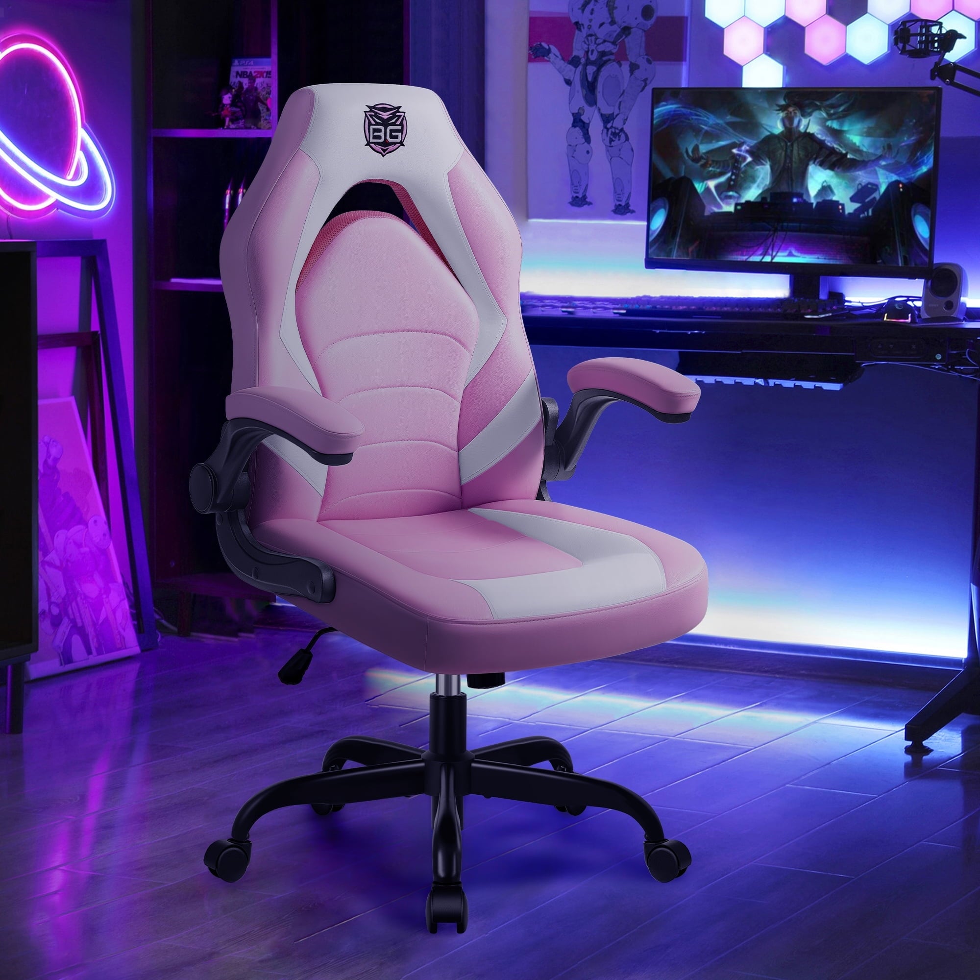 FASTES Pink Gaming Chair, Office Desk Chair with Flip-up Arms Lumbar Support Leather High-Back Computer Chair