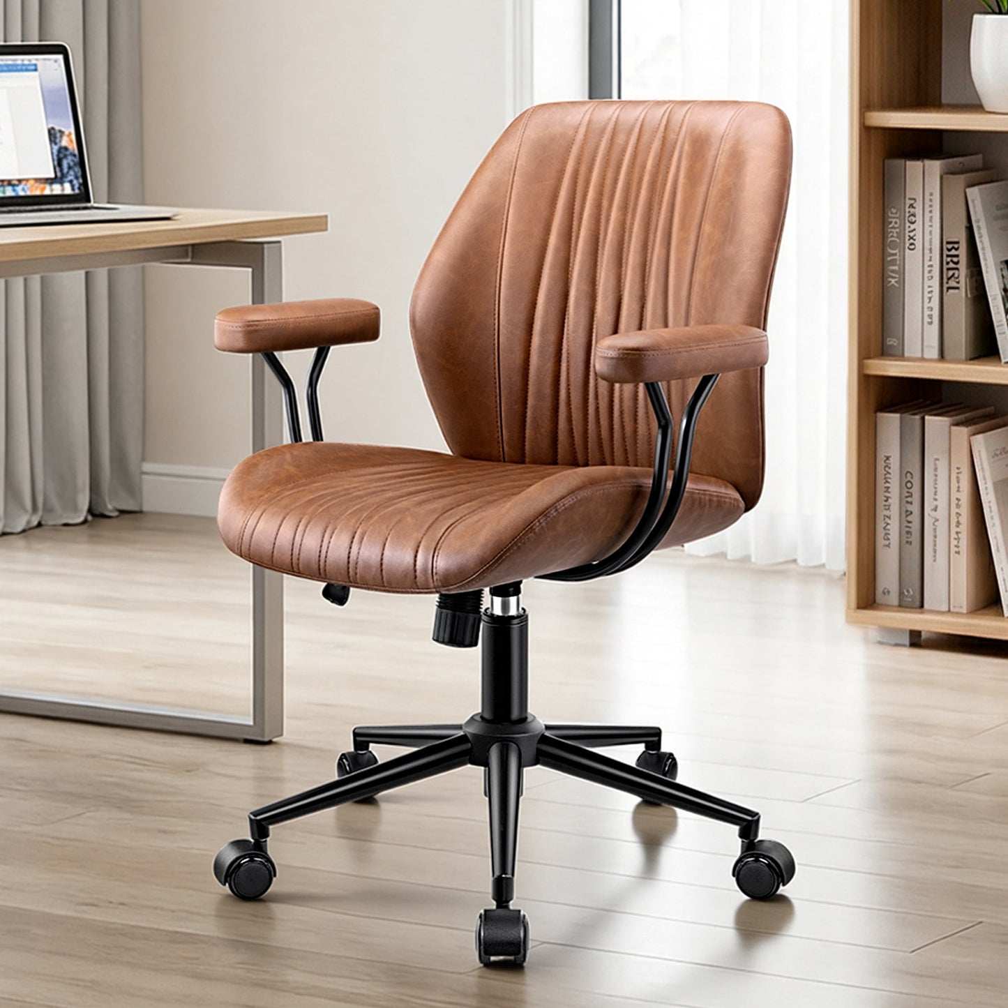 FASTES Office Chair with Wheels, Adjustable Leather Desk Chair, Ergonomic Computer Chair, 360° Swivel Computer Chair for Home Office, Brown